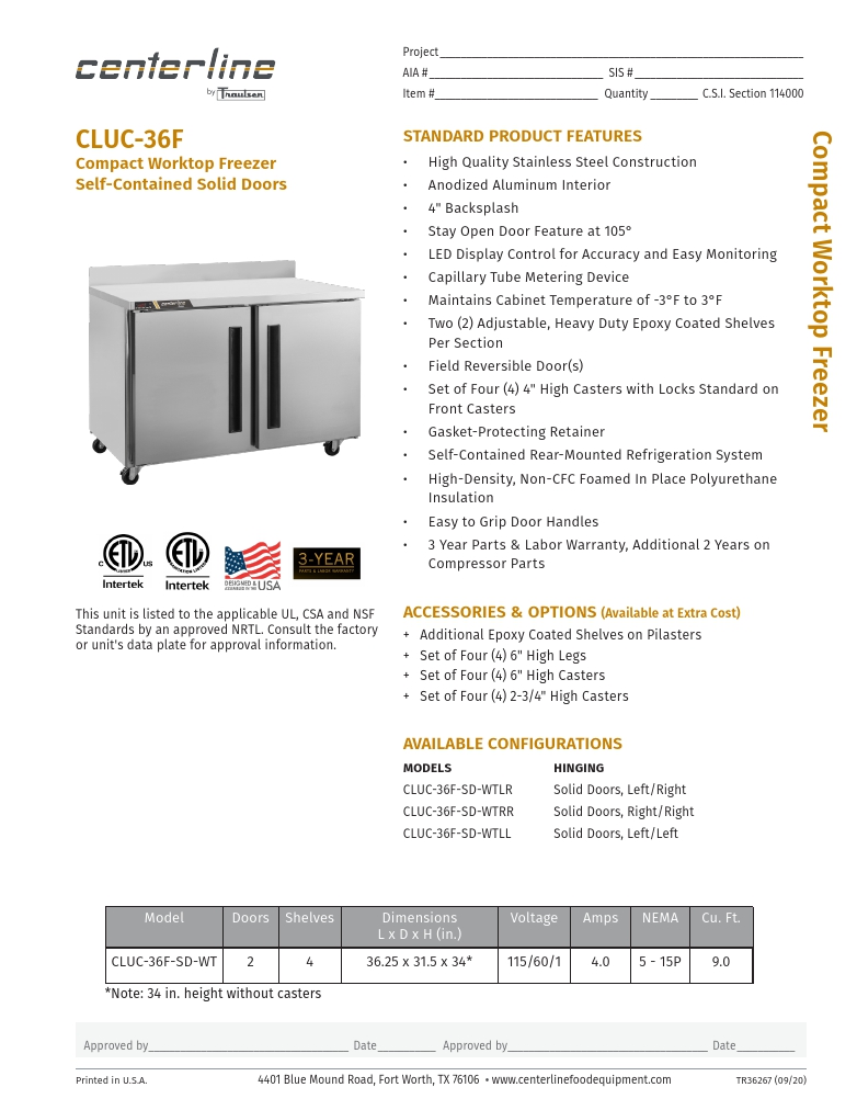 Centerline CLUC-36F-SD-WTRR 36 Worktop Freezer, (2) Solid Doors, Hinge  Right/Right - Win Depot