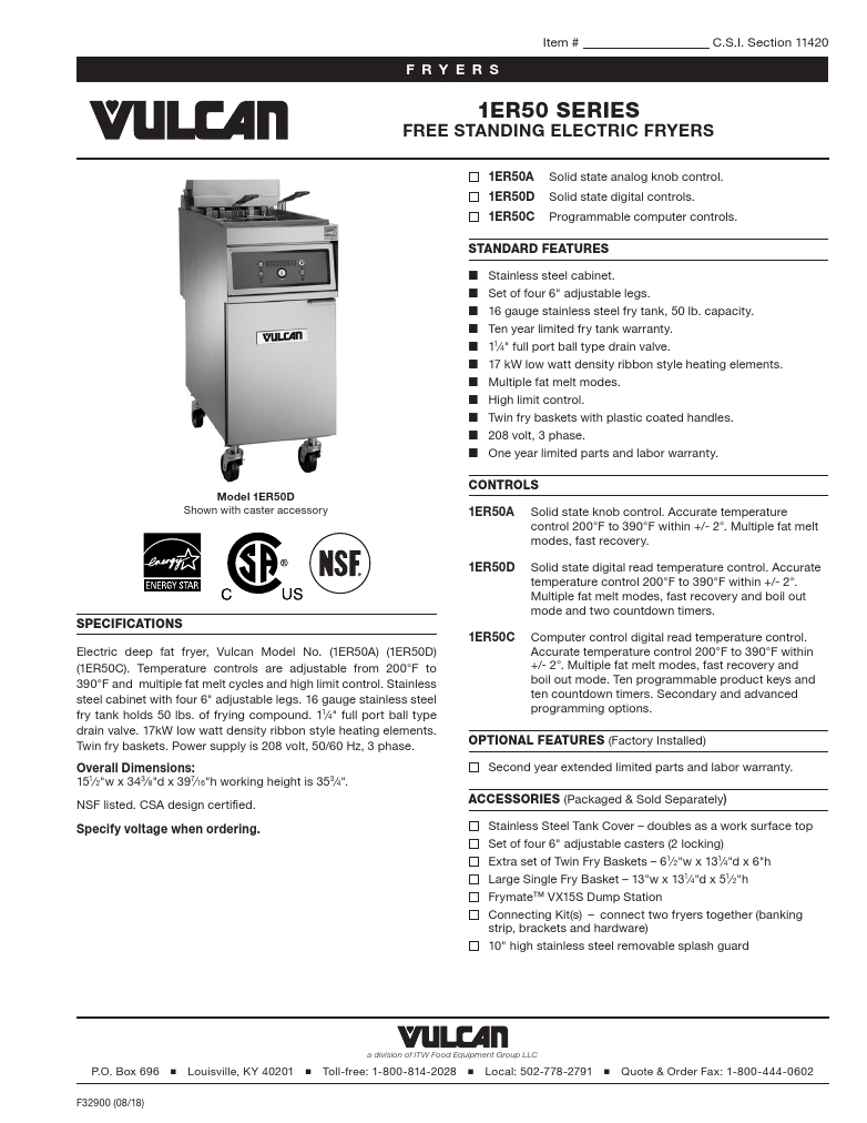 Vulcan 1ER50AF-2 Commercial  Electric Fryer Specsheet