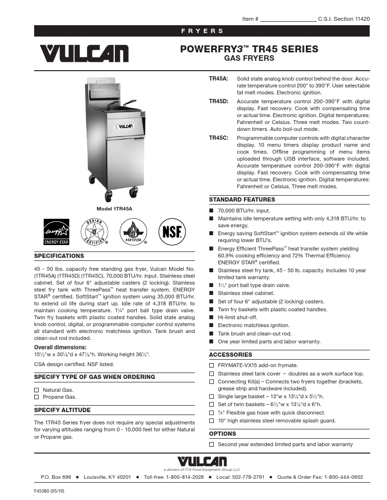 Vulcan 1TR45D-2 Commercial Gas Fryer Specsheet