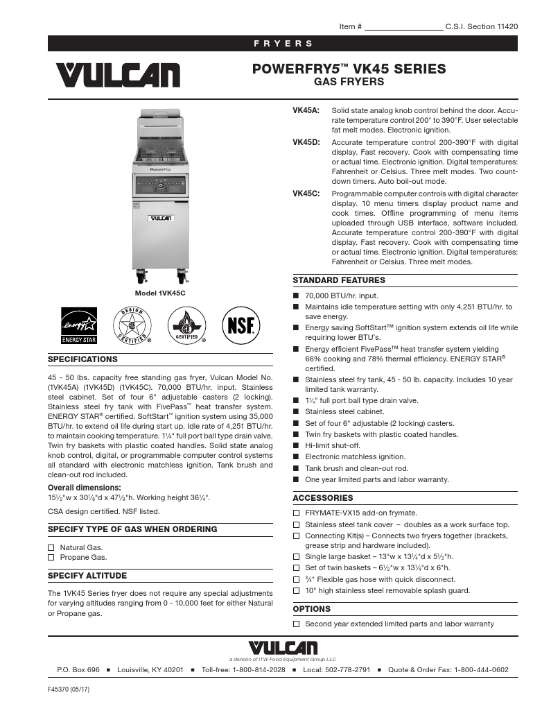 Vulcan 1VK45CF-1 Commercial Gas Fryer Specsheet