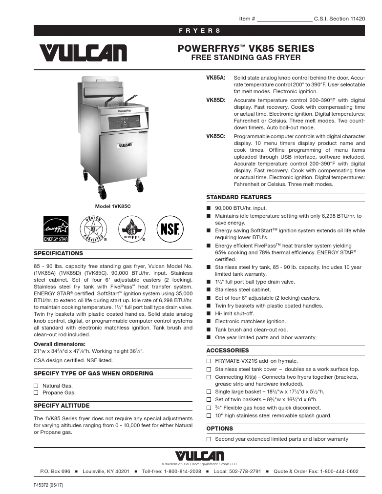 Vulcan 1VK85D-2 Commercial Gas Fryer Specsheet