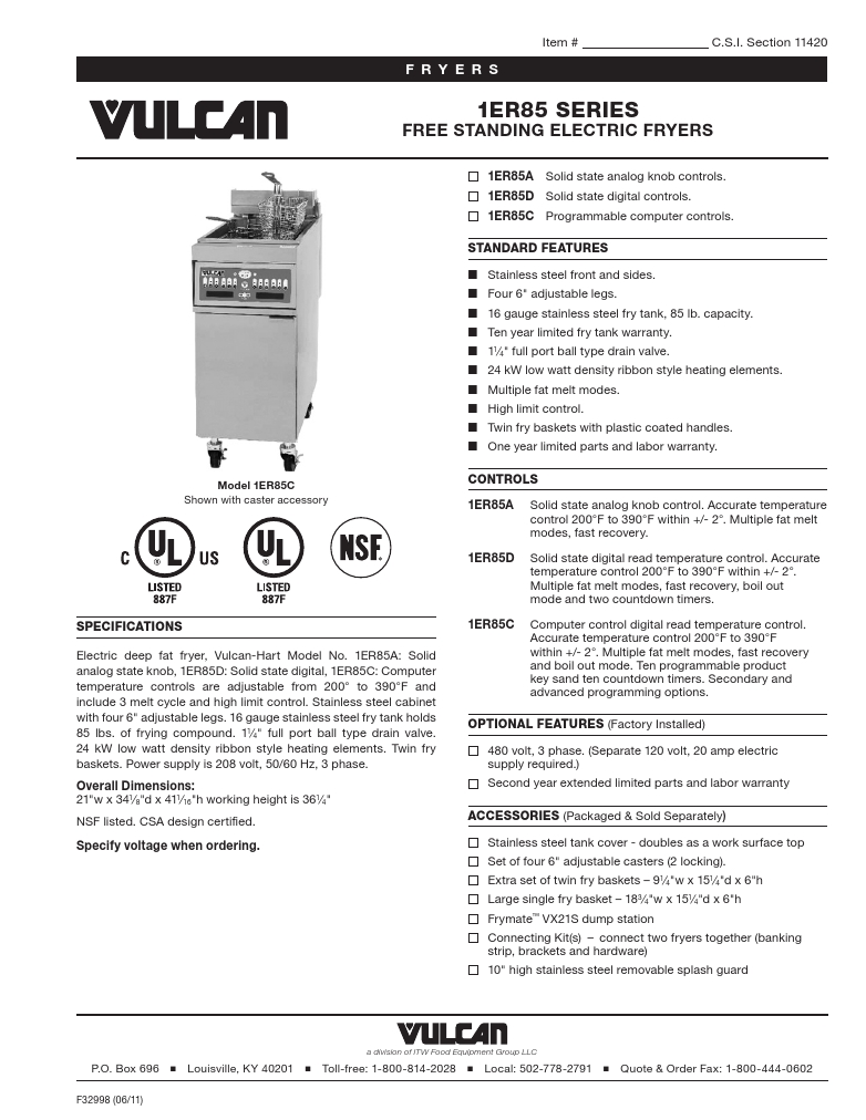 Vulcan 3ER85AF-2 Commercial  Electric Fryer Specsheet