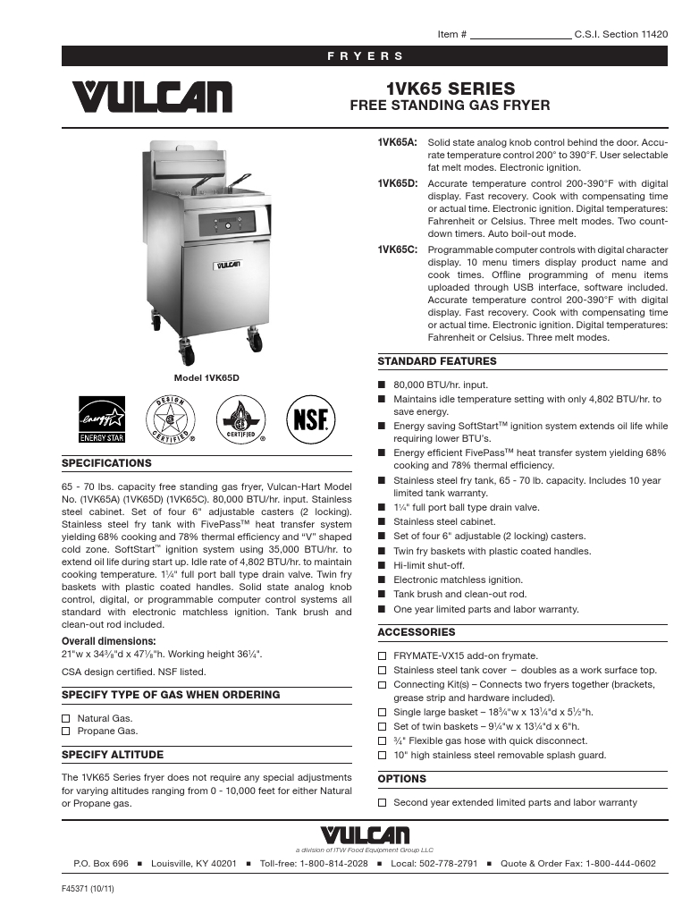 Vulcan 2VK65AF-2 Commercial Gas Fryer Specsheet