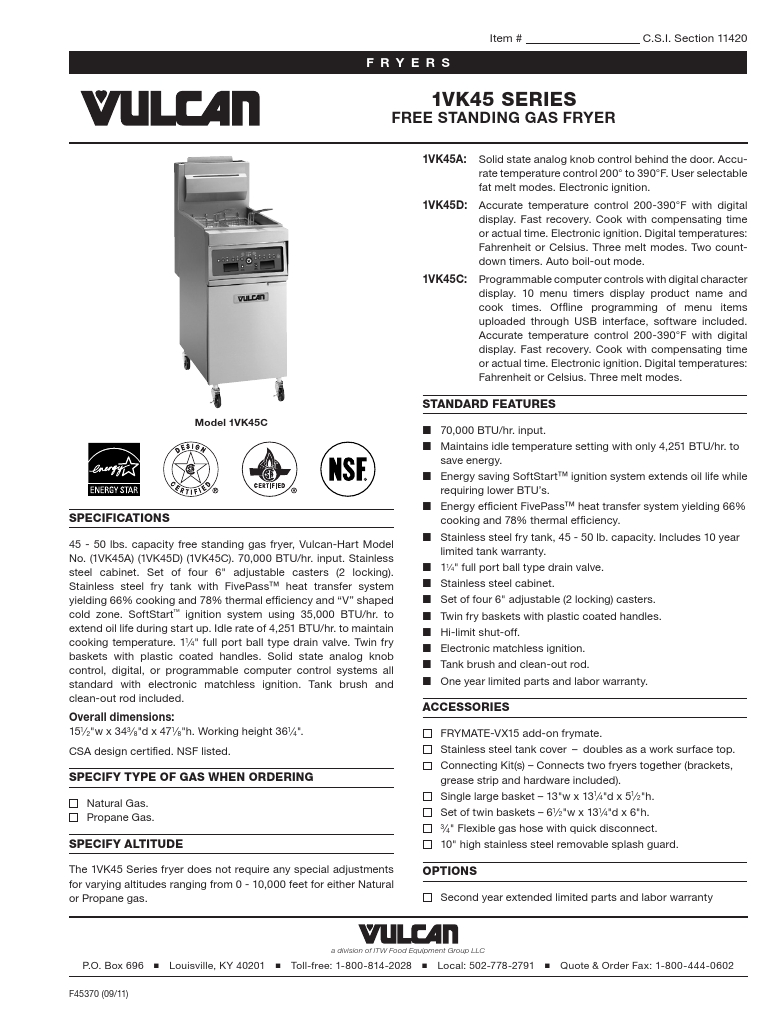 Vulcan 3VK45DF-2 Commercial Gas Fryer Specsheet