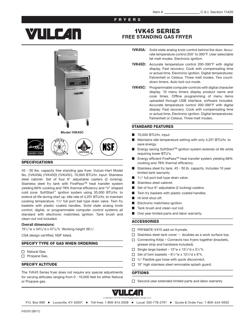 Vulcan 4VK45DF-1 Commercial Gas Fryer Specsheet