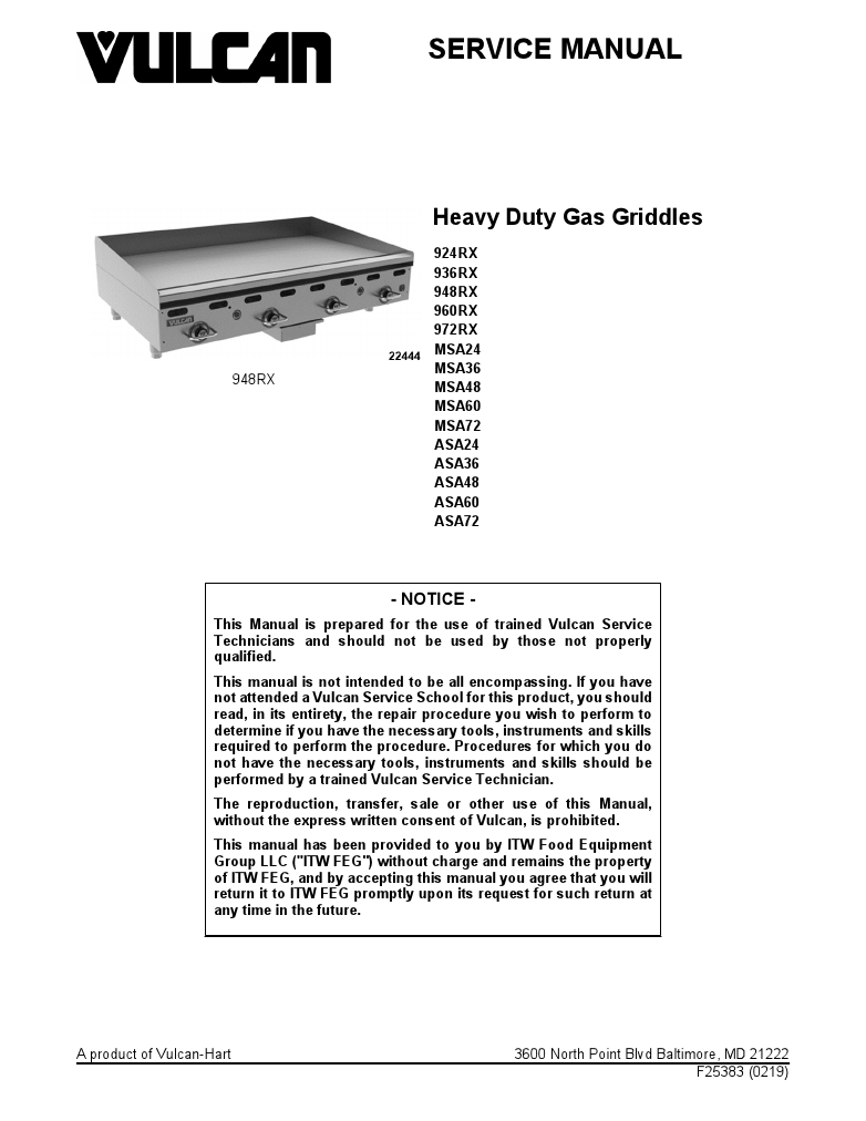 Vulcan 936RX-24C Commercial Gas Griddle Flat Top Grill Manual