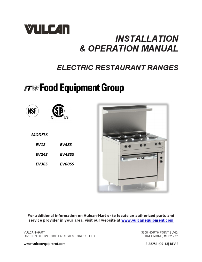 Vulcan EV24S-2HT2403 Commercial Restaurant Electric Range Manual