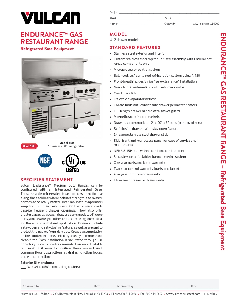 Vulcan 60RS-10B-LP Commercial Restaurant Gas Range Specsheet