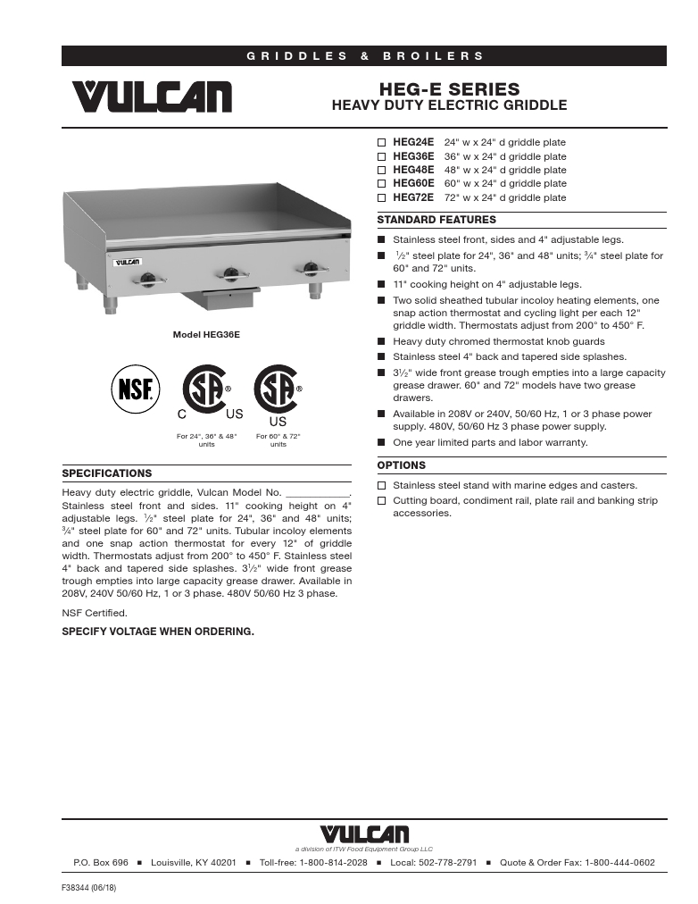 Vulcan HEG48E-280-3 Commercial Grill Countertop Electric Griddle Flat Top Grill Specsheet
