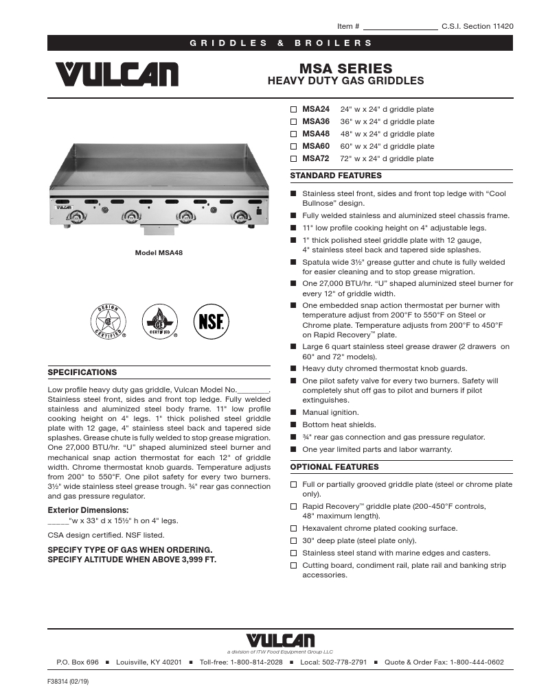 Vulcan MSA-60-101 Commercial Gas Griddle Flat Top Grill Specsheet