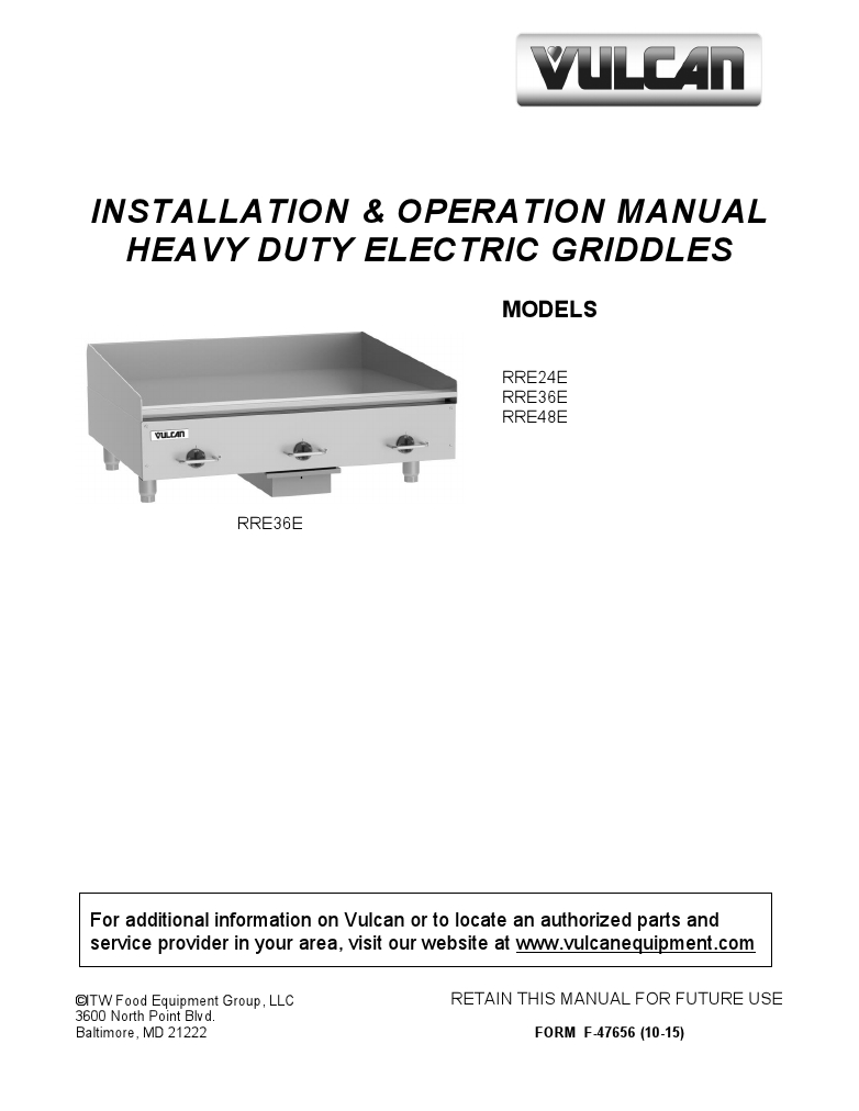 Vulcan RRE48E-240 Commercial Grill Countertop Electric Griddle Flat Top Grill Manual