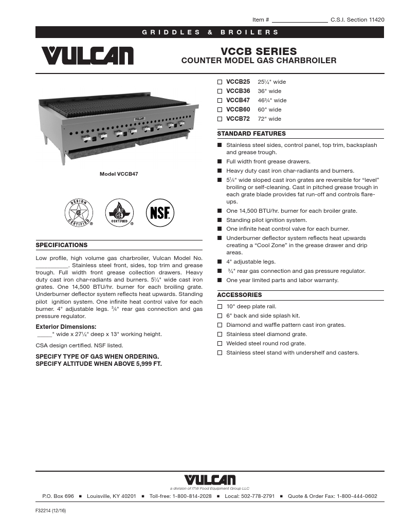 Vulcan VCCB36-201 Commercial Grill Charbroiler Specsheet