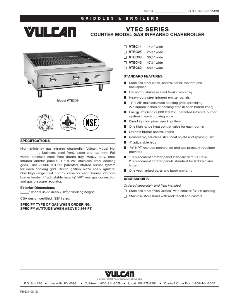 Vulcan VTEC48-LP Commercial Grill Charbroiler Specsheet