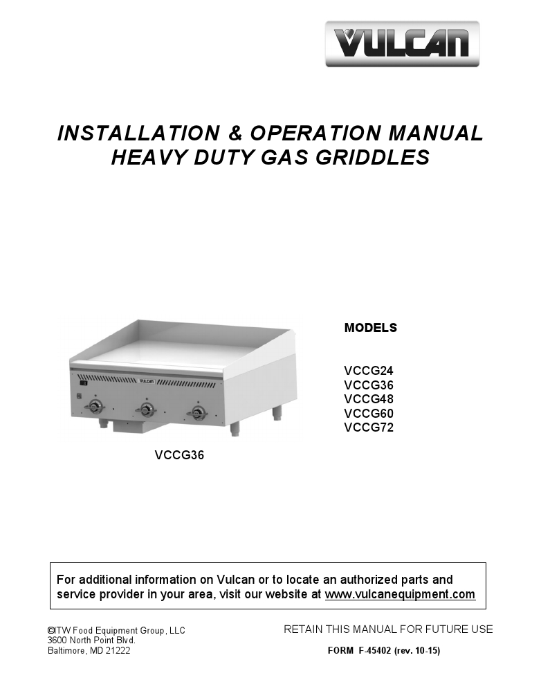 Vulcan VCCG60-IC-LP Commercial Gas Griddle Flat Top Grill Manual