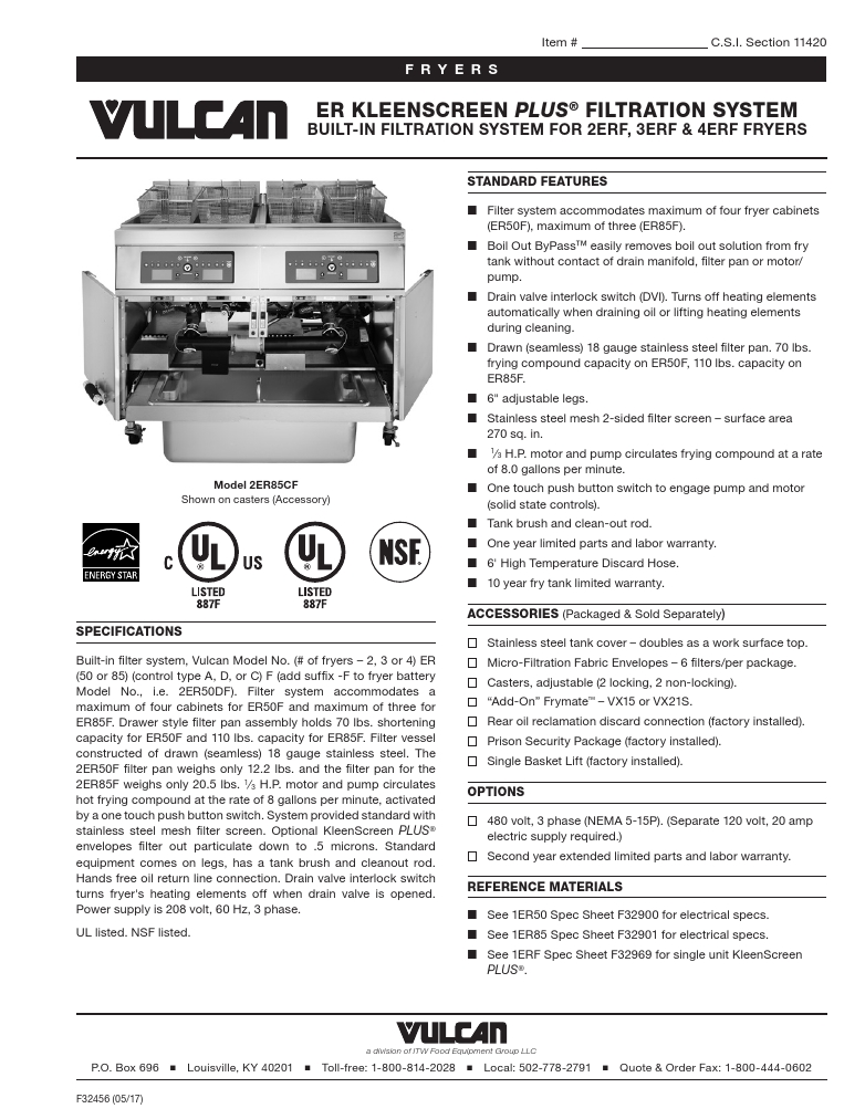 Vulcan 4ER50CF-2 Commercial  Electric Fryer Specsheet