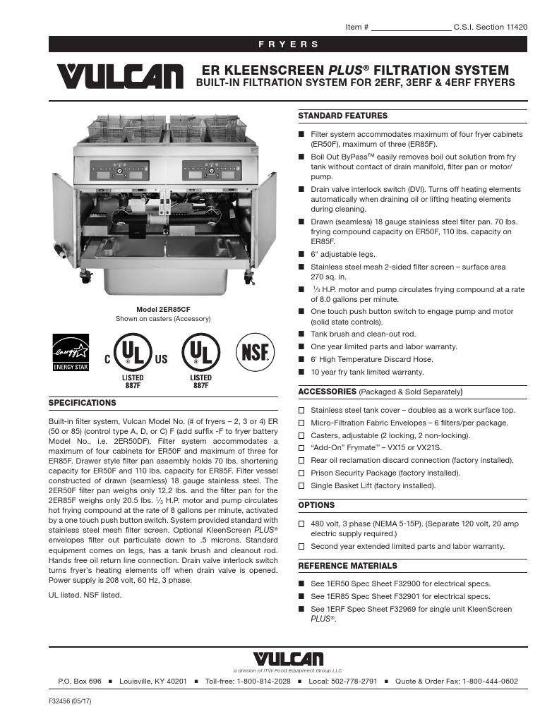 Vulcan 2ER85DF-1 Commercial  Electric Fryer Specsheet