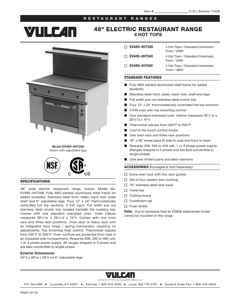 Vulcan EV48S-4HT208 Commercial Restaurant Electric Range Specsheet