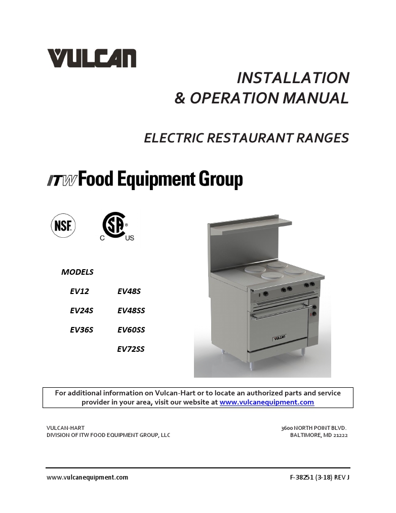 Vulcan EV36-S-4FP-1HT-208 Commercial Restaurant Electric Range Manual