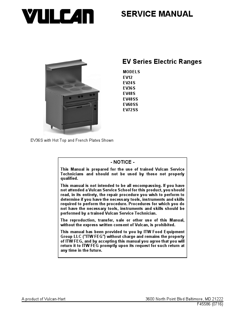 Vulcan EV60SS-6FP24G240 Commercial Restaurant Electric Range Manual