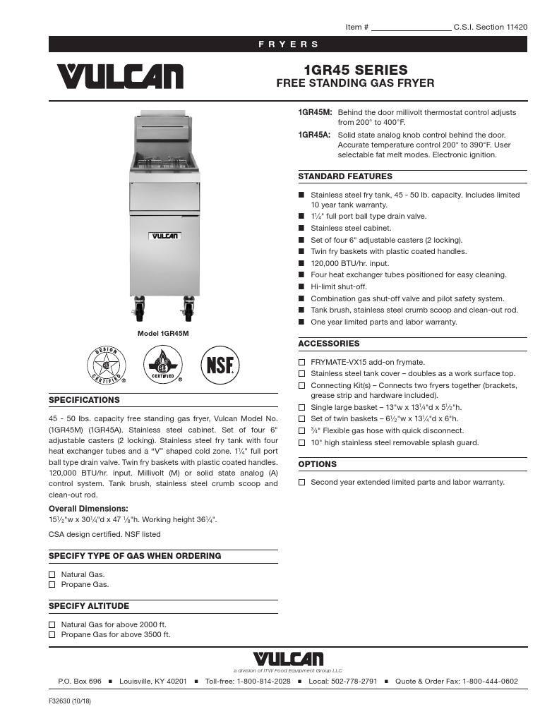 Vulcan 1GR45M-1 Commercial Gas Fryer Specsheet