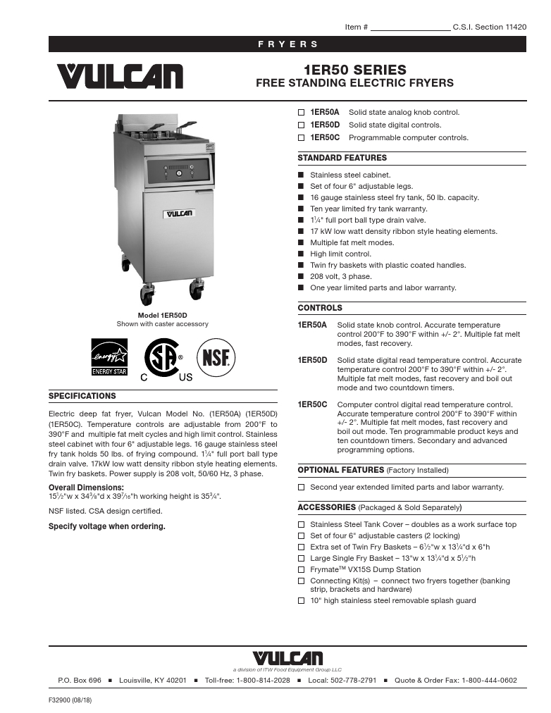 Vulcan 2ER50AF-1 Commercial  Electric Fryer Specsheet