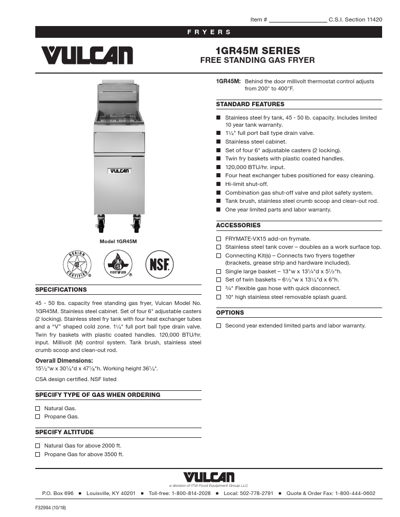 Vulcan 4GR45MF-1 Commercial Gas Fryer Specsheet