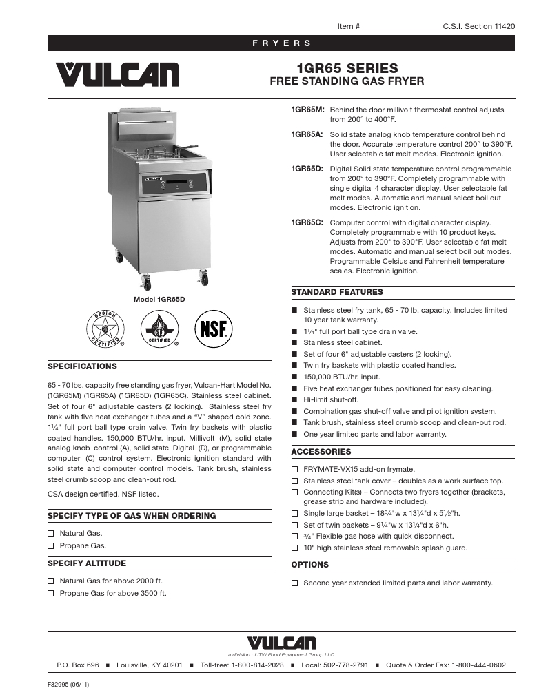 Vulcan 3GR65MF-1 Commercial Gas Fryer Specsheet