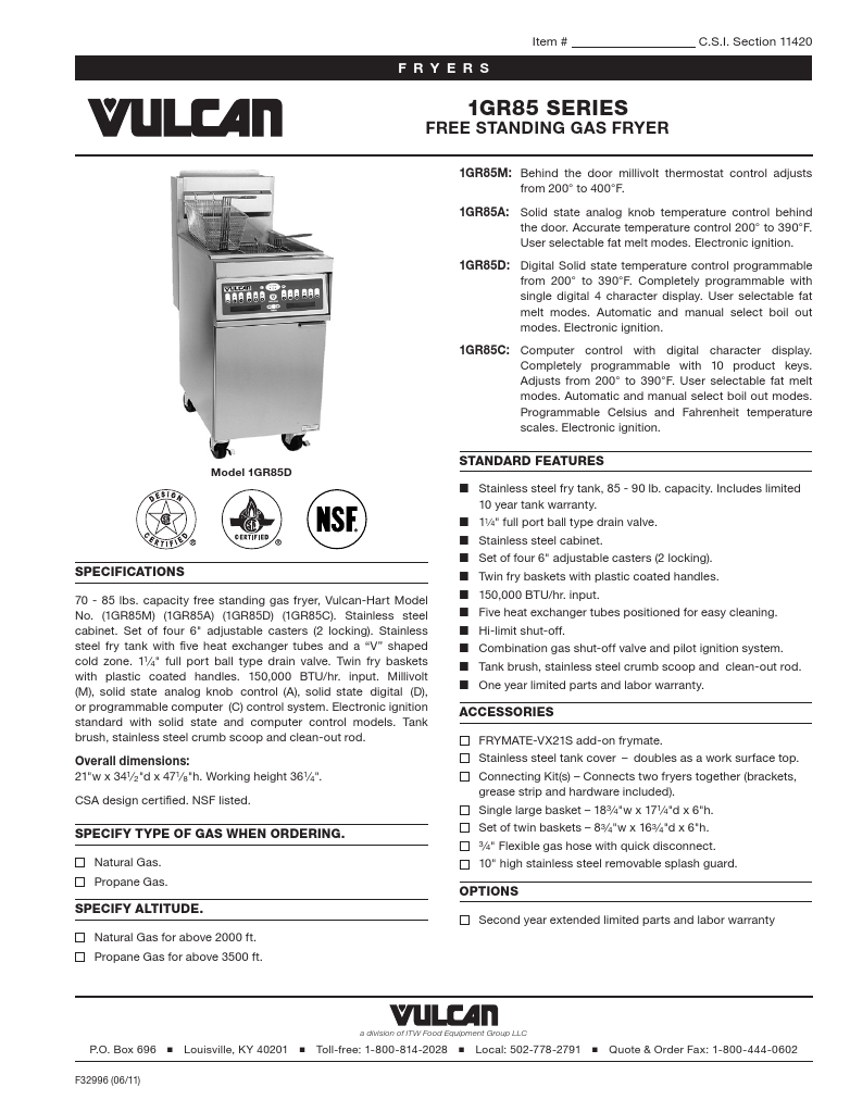 Vulcan 3GR85MF-1 Commercial Gas Fryer Specsheet