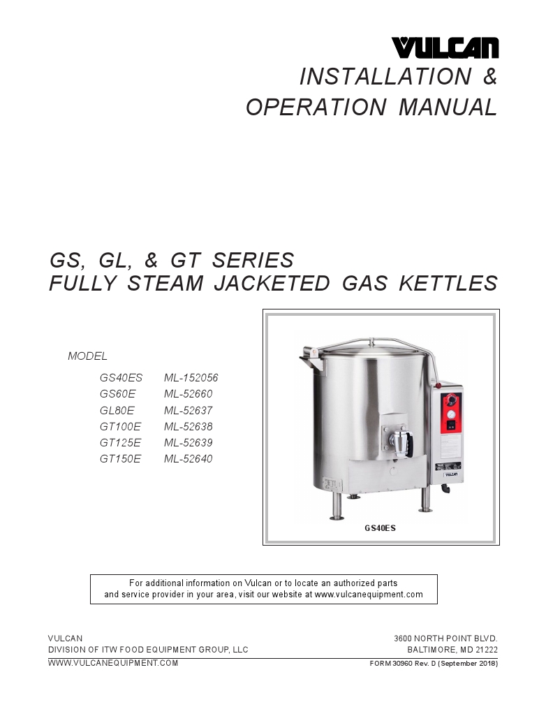 Vulcan GT150E-NAT Steam Cooking Kettle Manual