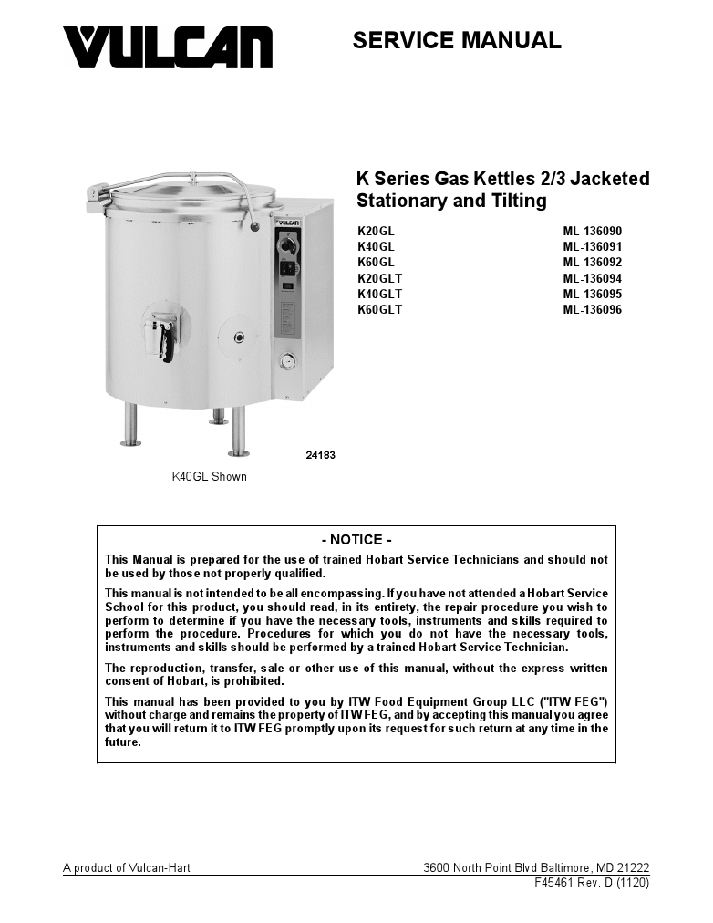 Vulcan K40GLT-LP Steam Cooking Kettle Manual