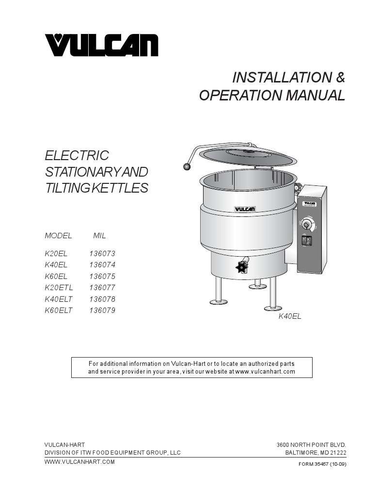 Vulcan K60EL Steam Cooking Kettle Manual