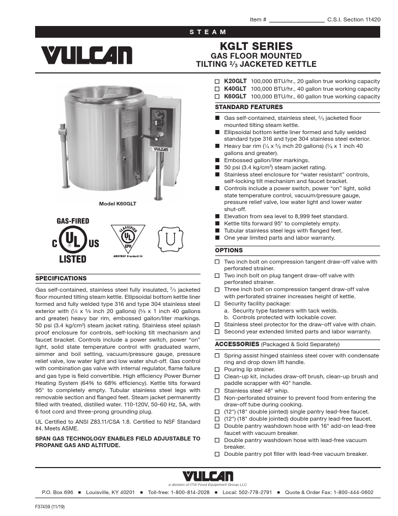 Vulcan K60GLT-LP Steam Cooking Kettle Specsheet