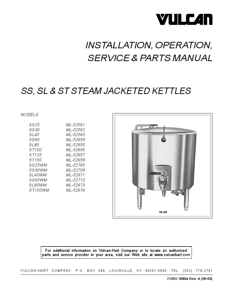Vulcan ST125 Steam Cooking Kettle Manual