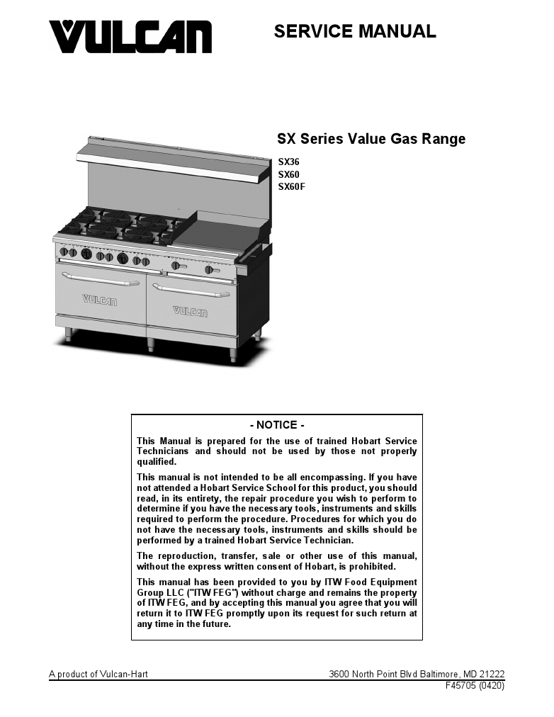 Vulcan SX60-10BN Commercial Restaurant Gas Range Manual