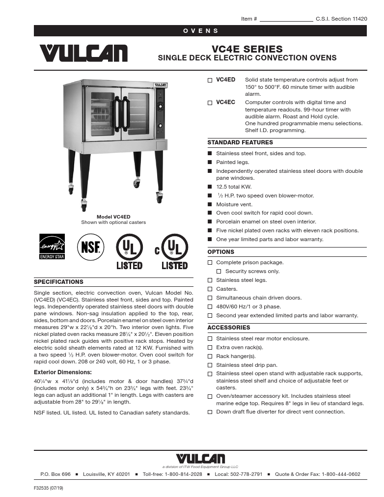 Vulcan VC4ED-12D1 240 Volts Commercial Convection Oven Specsheet