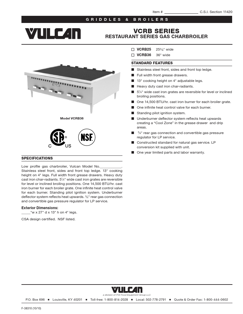 Vulcan VCRB25-1 Commercial Grill Charbroiler Specsheet
