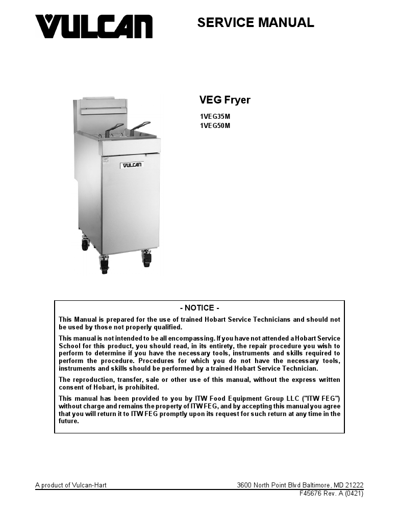 Vulcan 1VEG35M-1 Commercial Gas Fryer Manual