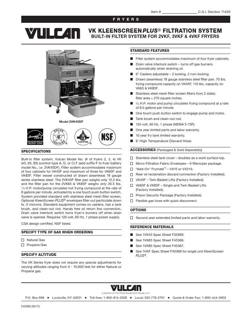 Vulcan 4VK45DF-1 Commercial Gas Fryer Specsheet