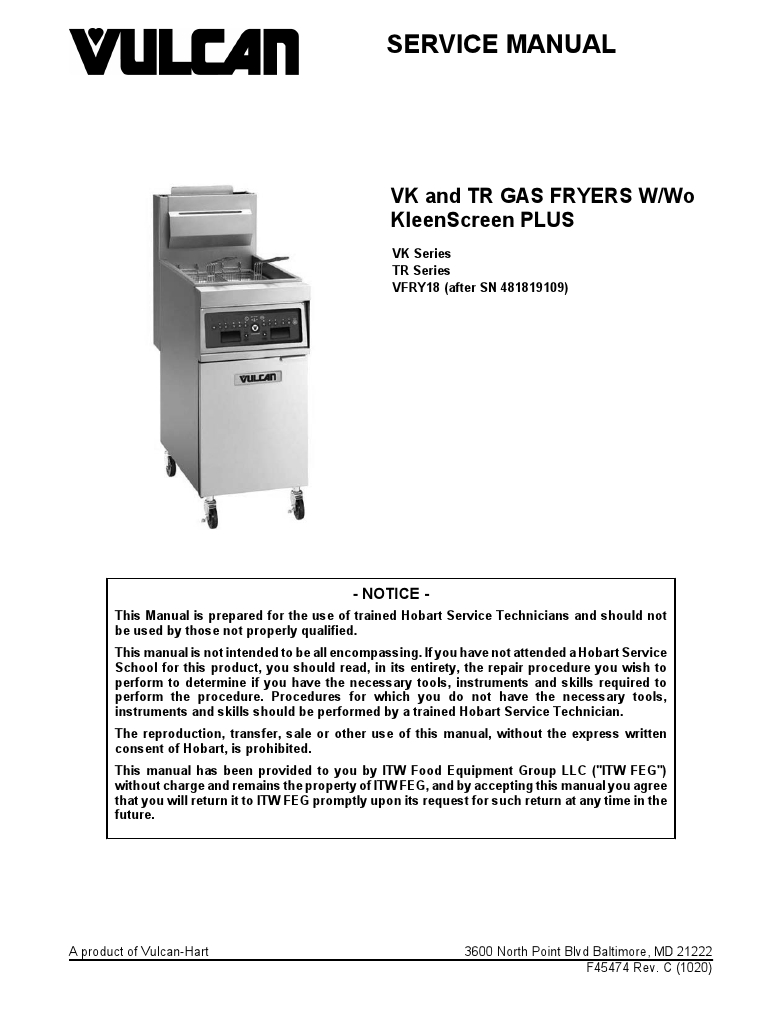 Vulcan 1VK45C-2 Commercial Gas Fryer Manual