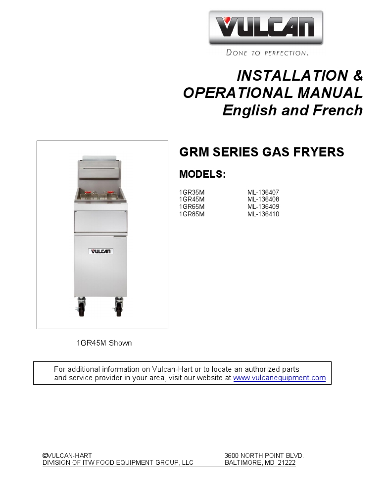 Vulcan 1GR85M-2 Commercial Gas Fryer Manual