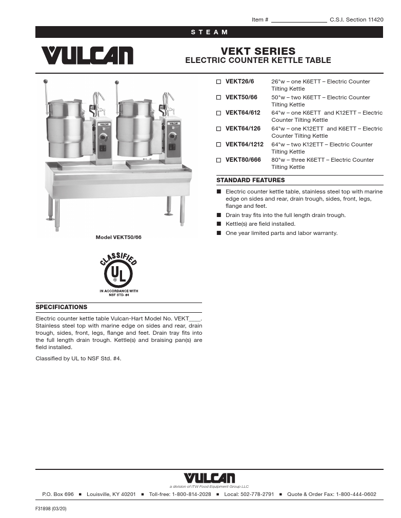 Vulcan VEKT80/666 Steam Cooking Kettle Specsheet