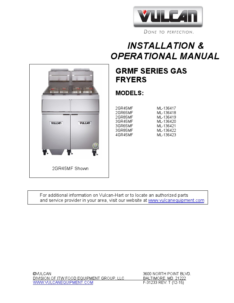 Vulcan 4GR45MF-1 Commercial Gas Fryer Manual