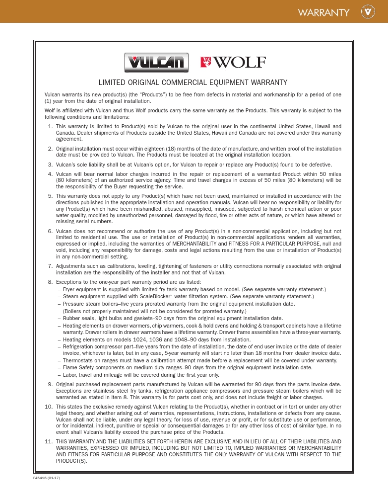 Vulcan VTC36B-LP Commercial Grill Charbroiler Warranty
