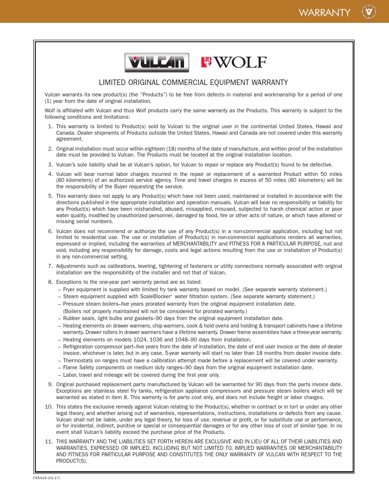 Vulcan LG500-1 Commercial Gas Fryer Warranty