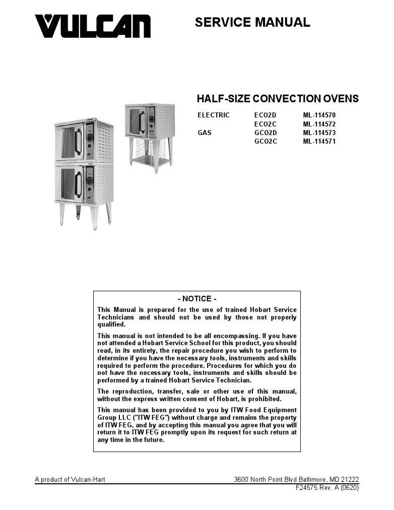 Vulcan ECO2D-240/1 240 Volts Commercial Convection Oven Manual