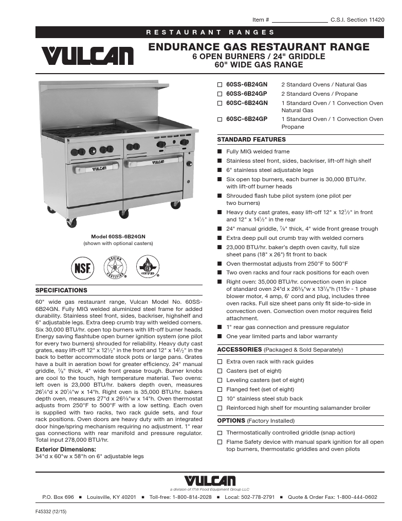 Vulcan 60SS-6B24GP Commercial Restaurant Gas Range Specsheet