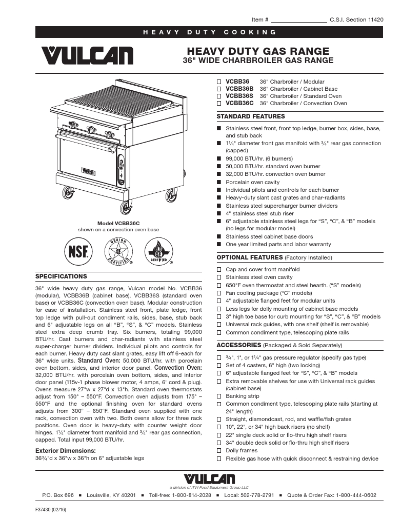 Vulcan VCBB36-NAT Commercial Grill Charbroiler Specsheet