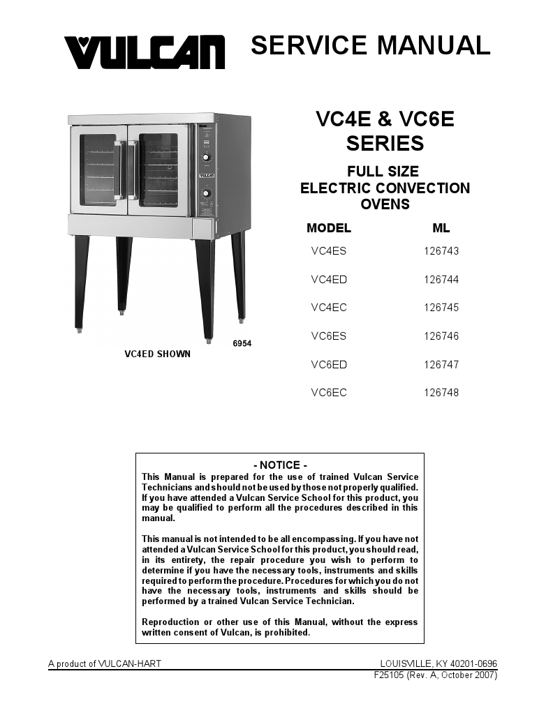 Vulcan VC66EC-208/3 208 Volts Commercial Convection Oven Manual
