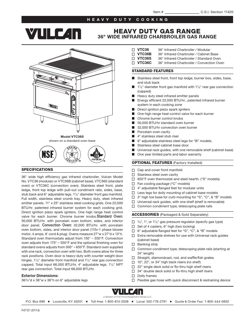 Vulcan VTC36-LP Commercial Grill Charbroiler Specsheet