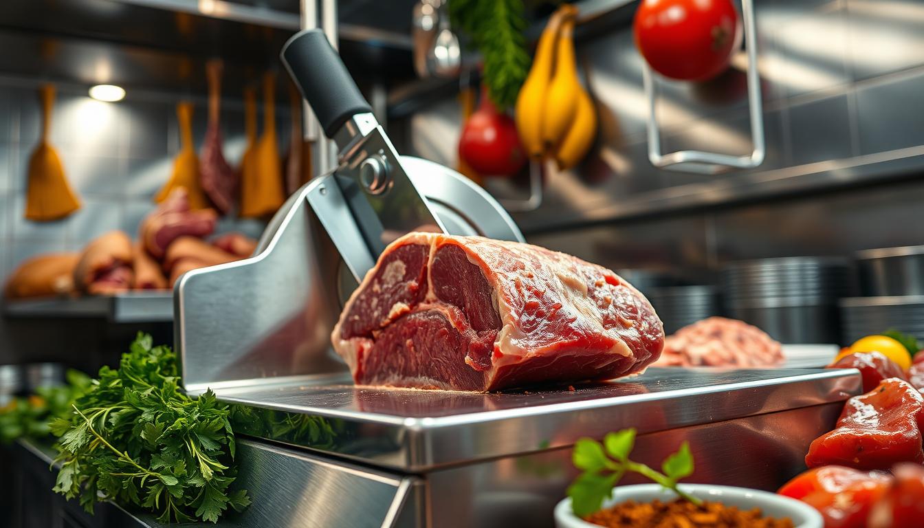 meat slicer in use
